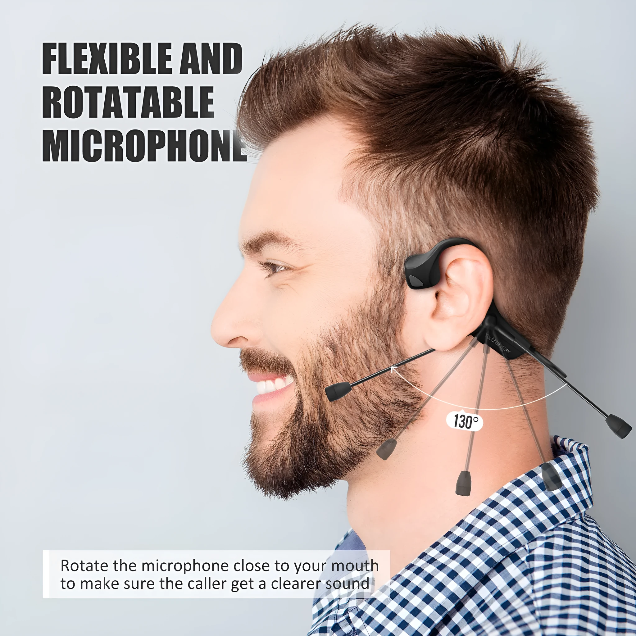 Black bone conduction ear-mounted Bluetooth headset with sports style design on a plain background