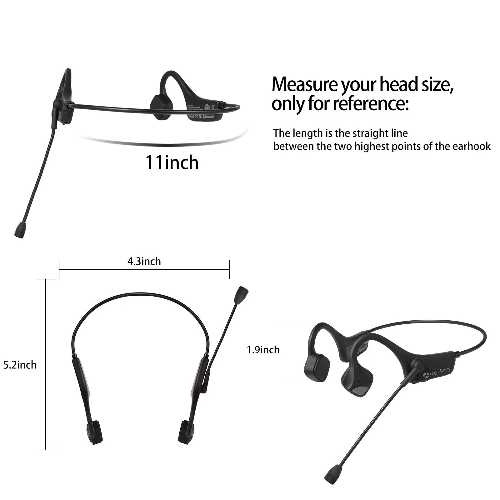 Black bone conduction ear-mounted Bluetooth headset with sports style design on a plain background