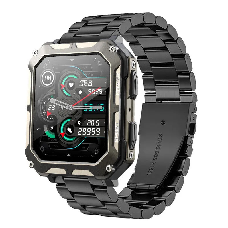 Square aluminium smart watch with Bluetooth calling and outdoor protection on silicone sports strap