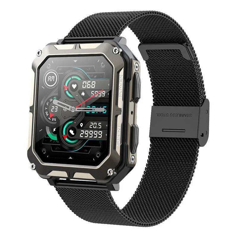 Square aluminium smart watch with Bluetooth calling and outdoor protection on silicone sports strap
