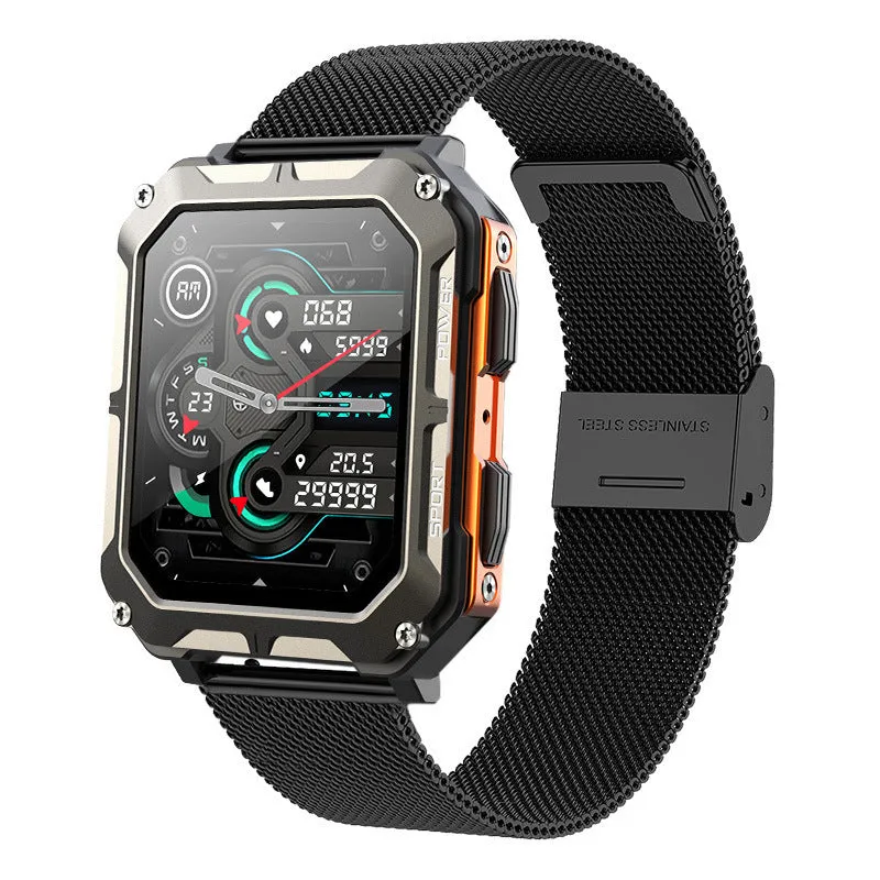 Square aluminium smart watch with Bluetooth calling and outdoor protection on silicone sports strap