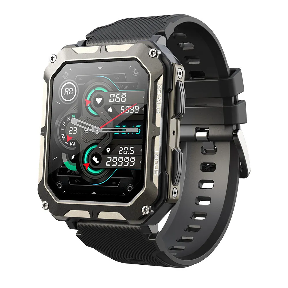 Square aluminium smart watch with Bluetooth calling and outdoor protection on silicone sports strap
