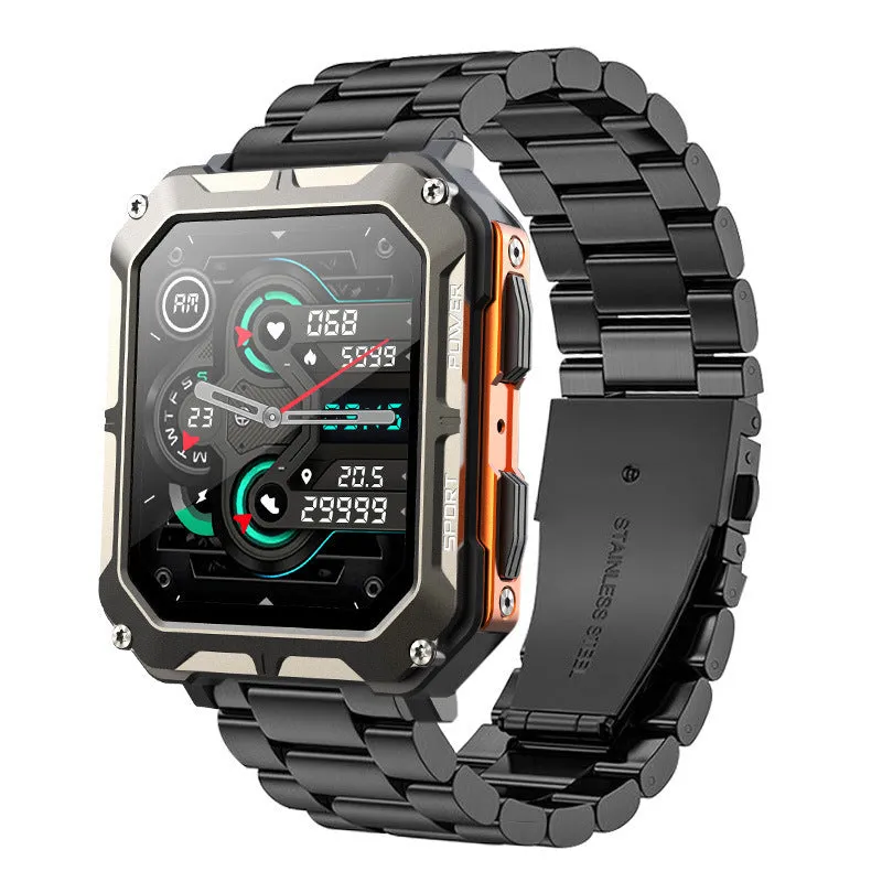 Square aluminium smart watch with Bluetooth calling and outdoor protection on silicone sports strap