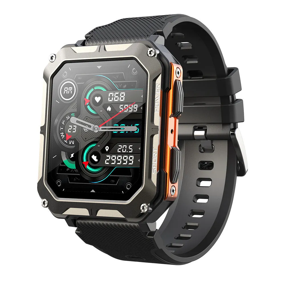 Square aluminium smart watch with Bluetooth calling and outdoor protection on silicone sports strap
