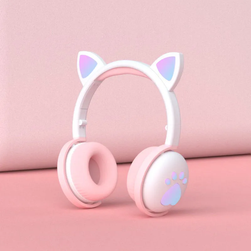 Luminous cat ear Bluetooth headset with rainbow light effect in pink colour