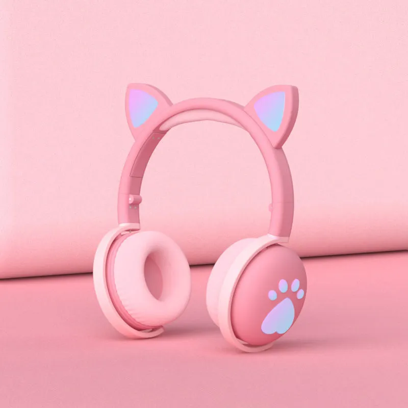 Luminous cat ear Bluetooth headset with rainbow light effect in pink colour