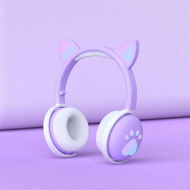 Luminous cat ear Bluetooth headset with rainbow light effect in pink colour