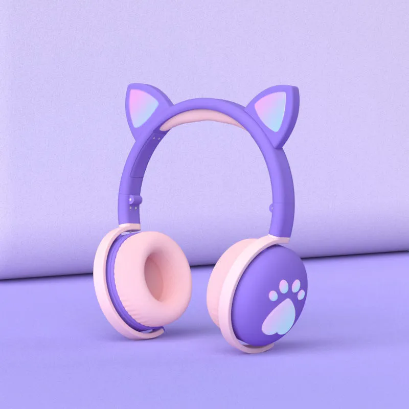 Luminous cat ear Bluetooth headset with rainbow light effect in pink colour