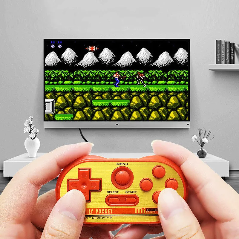 Mini handheld video game console with 20 built-in NES games, shown in black, measuring 85x45x15mm with AV output cable