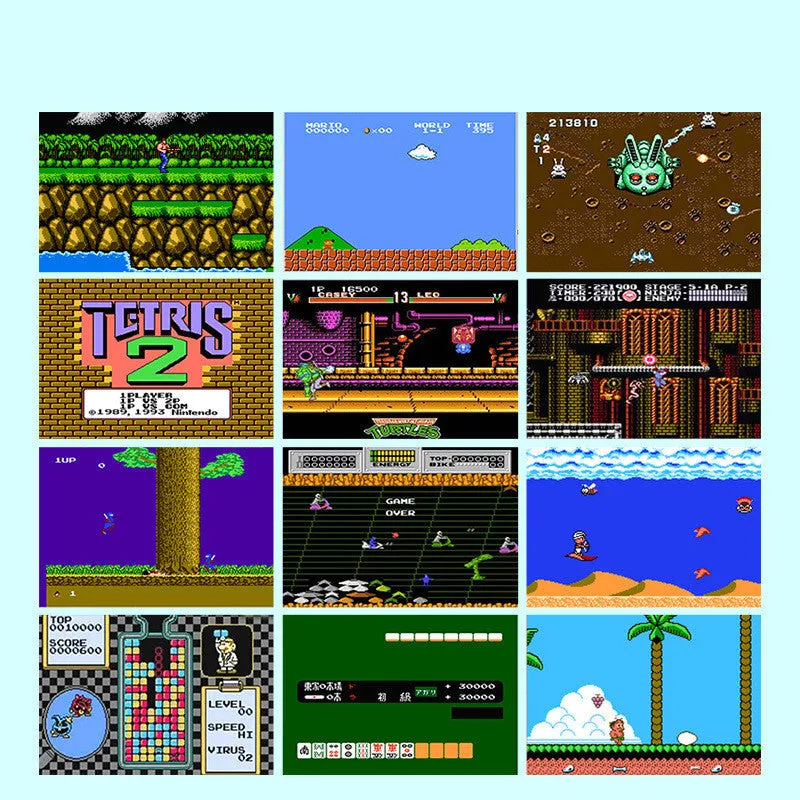 Mini handheld video game console with 20 built-in NES games, shown in black, measuring 85x45x15mm with AV output cable