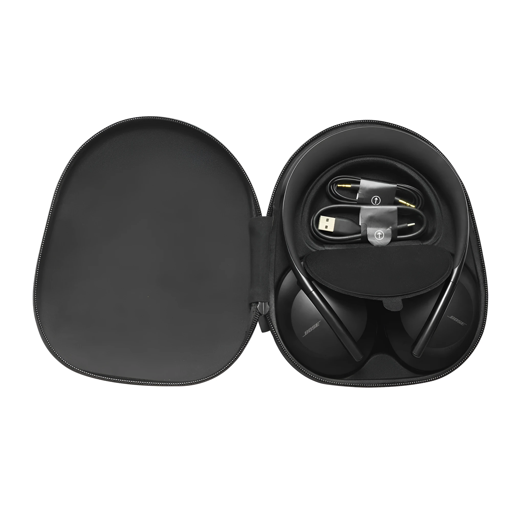Black Bose NC700 headphone protection OP bag lying flat, designed for Dr. Bose noise reduction headset 700
