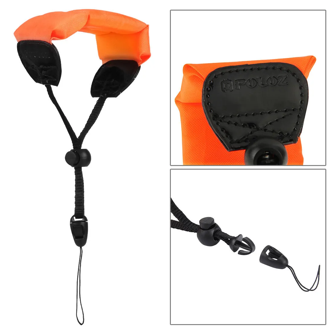 Orange nylon and foam camera buoyancy belt diving floating wrist strap on surface