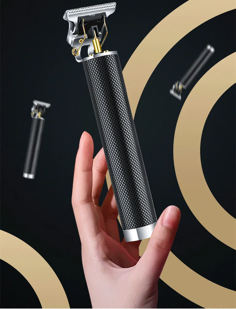 Black rechargeable electric hair clipper with USB charger, four combs, and cleaning brush.