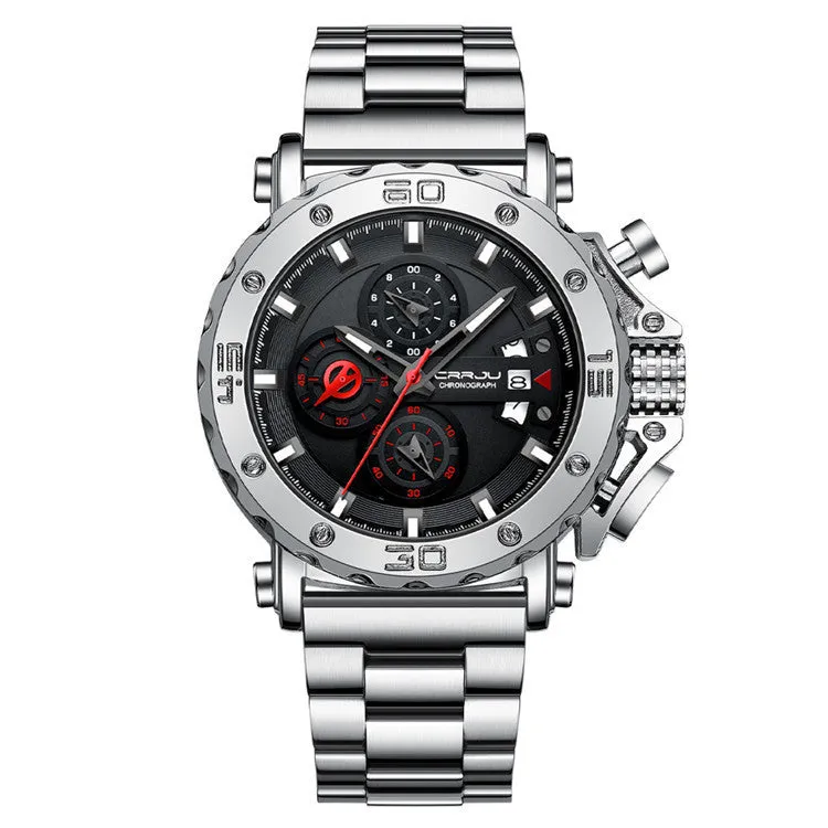 Men's quartz watch with 4.7cm oversized dial stainless steel band silver blue face