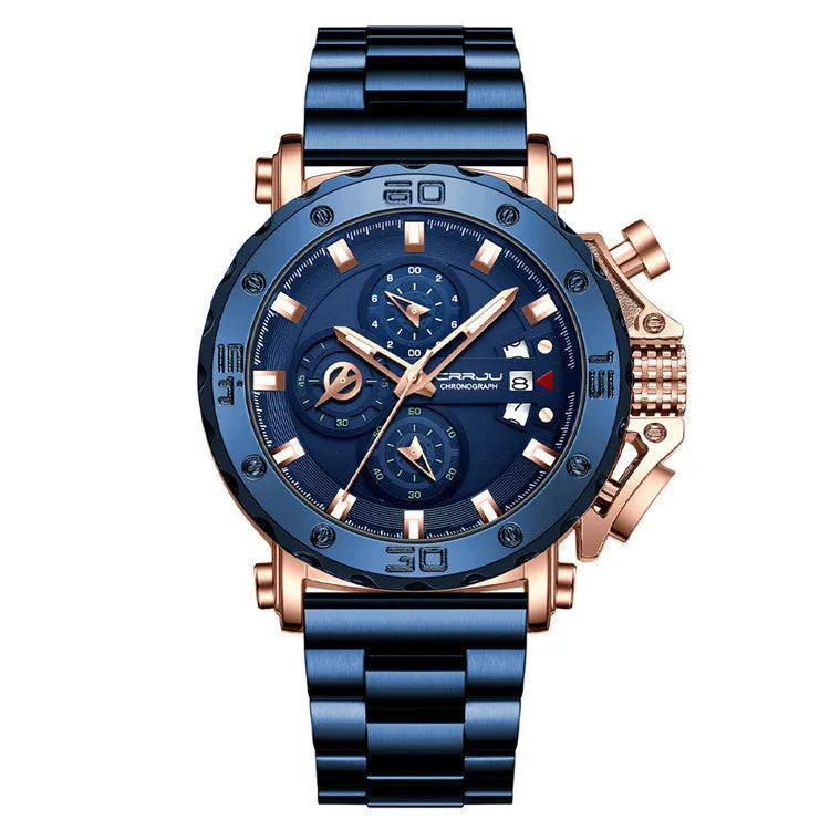 Men's quartz watch with 4.7cm oversized dial stainless steel band silver blue face