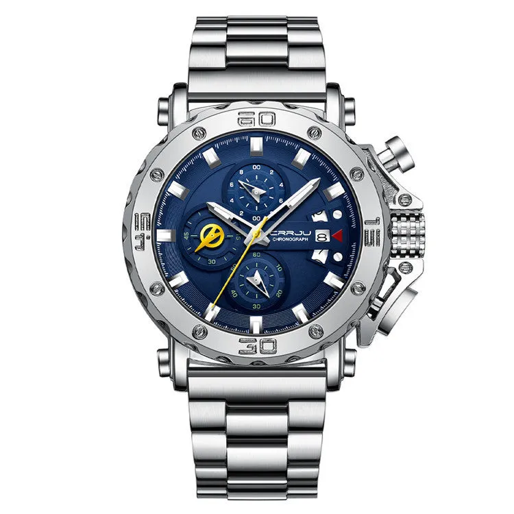 Men's quartz watch with 4.7cm oversized dial stainless steel band silver blue face