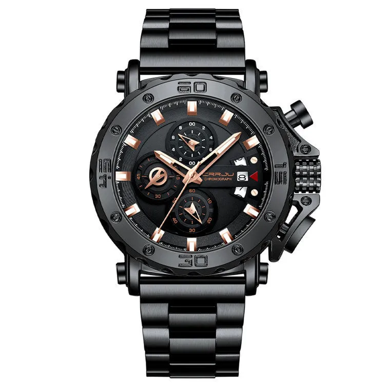 Men's quartz watch with 4.7cm oversized dial stainless steel band silver blue face