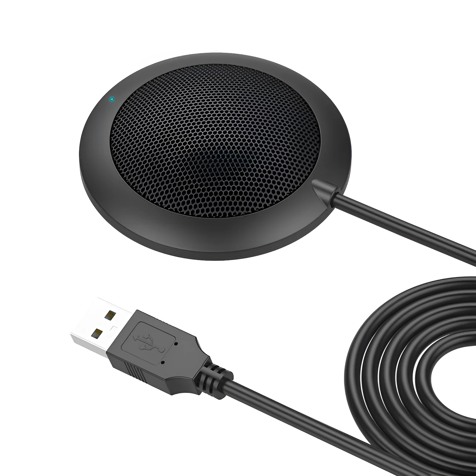 Black USB desktop microphone with metal mesh cover on a desk next to a laptop