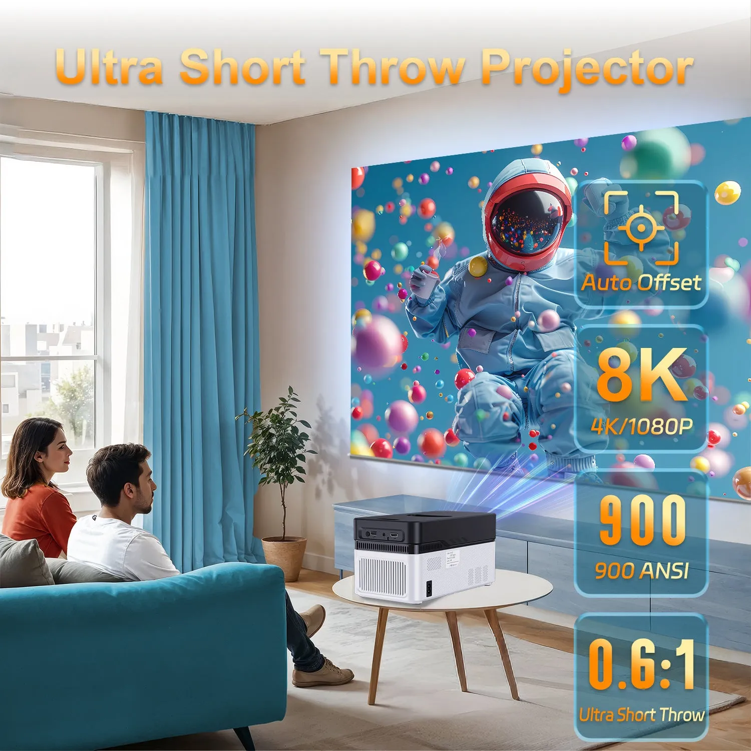 Ultra-short focus 1080p projector with 900 ANSI lumens black plastic body