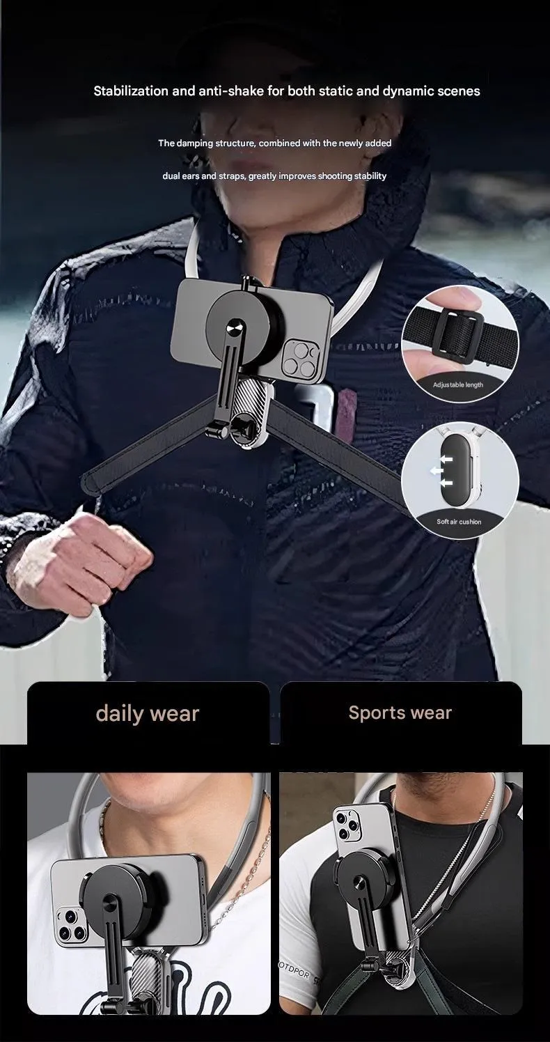 Magnetic neck strap mount with anti-shake for action camera and cell phone live streaming during cycling