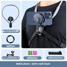 Magnetic neck strap mount with anti-shake for action camera and cell phone live streaming during cycling