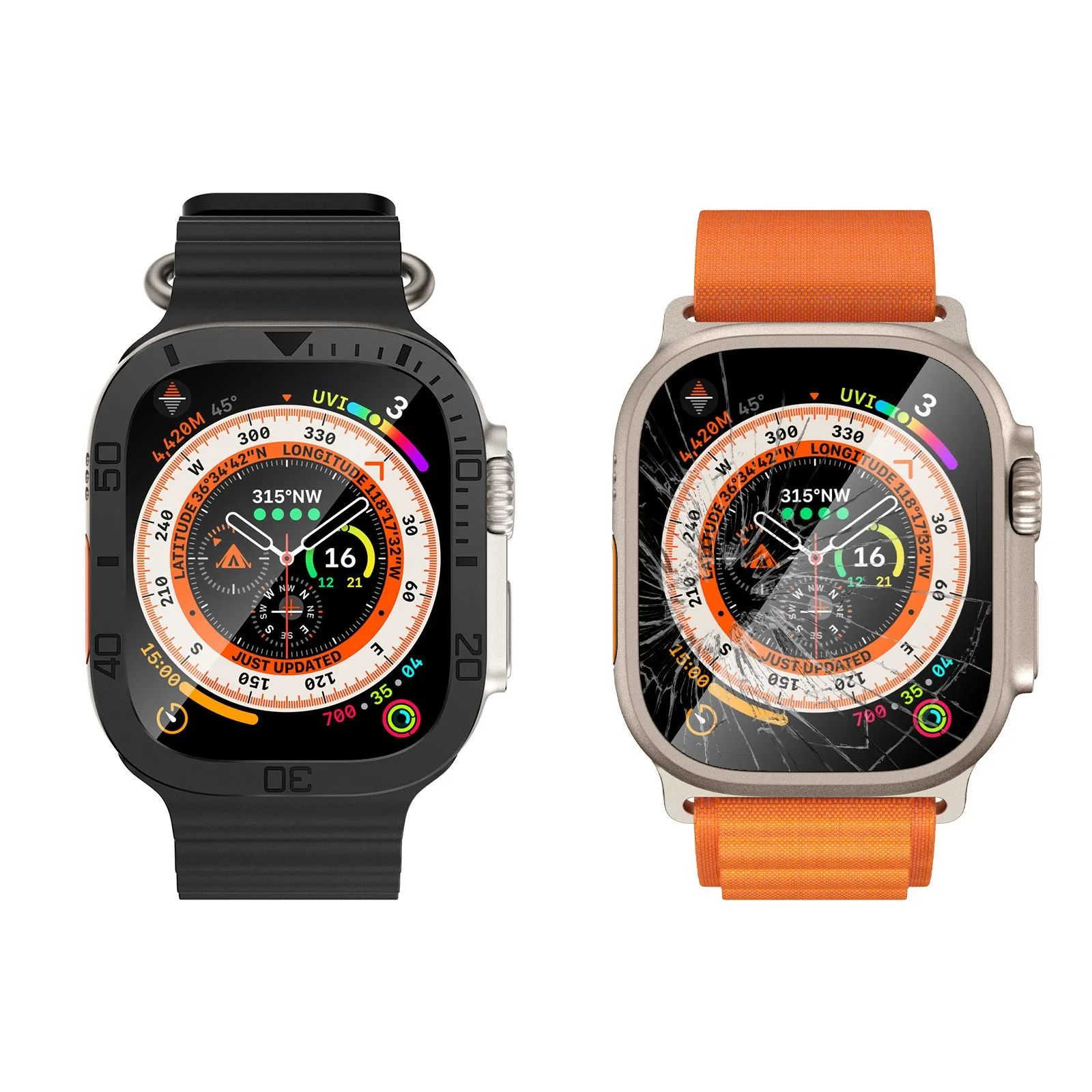 Metal protective frame for 49mm watch in black, orange, and original colour