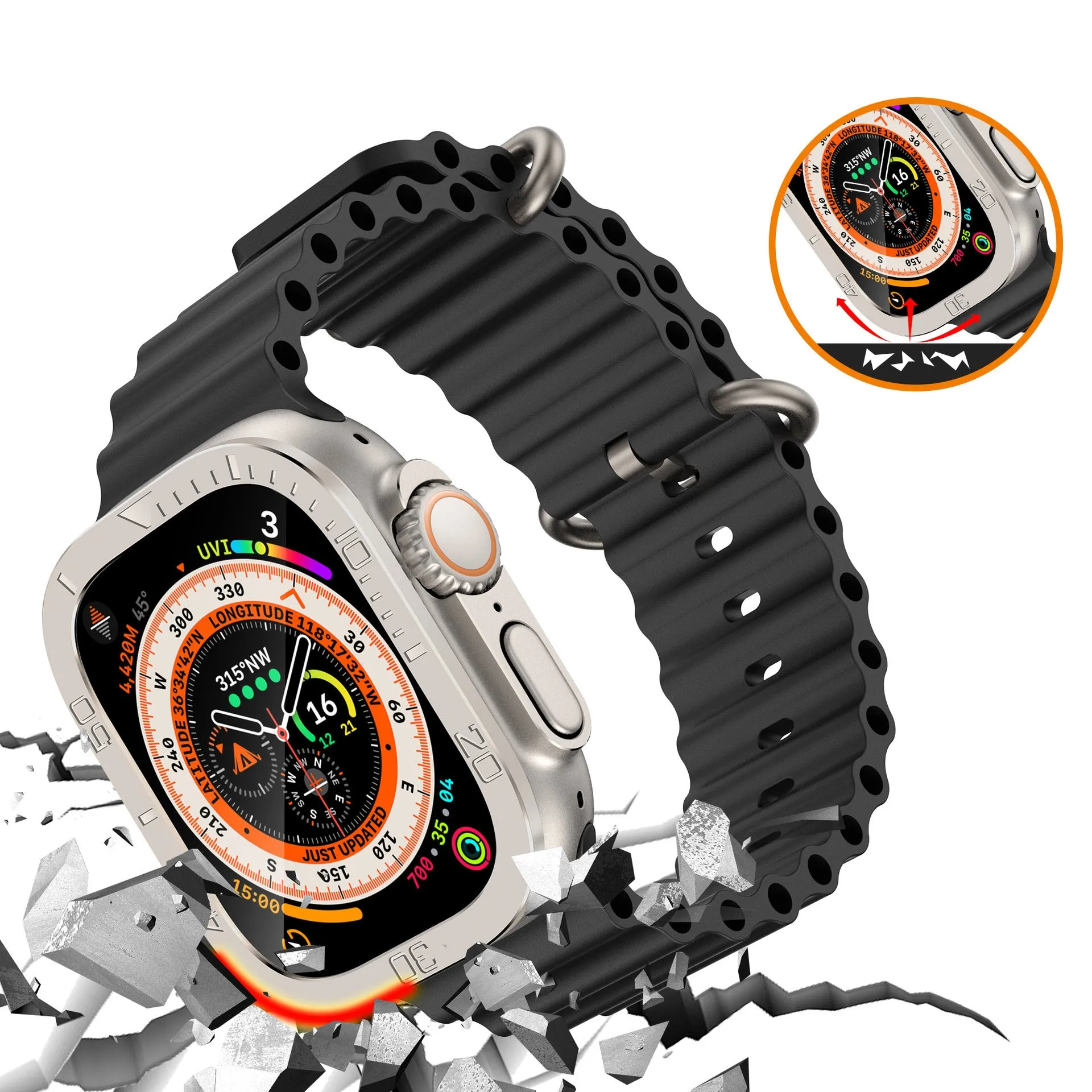Metal protective frame for 49mm watch in black, orange, and original colour