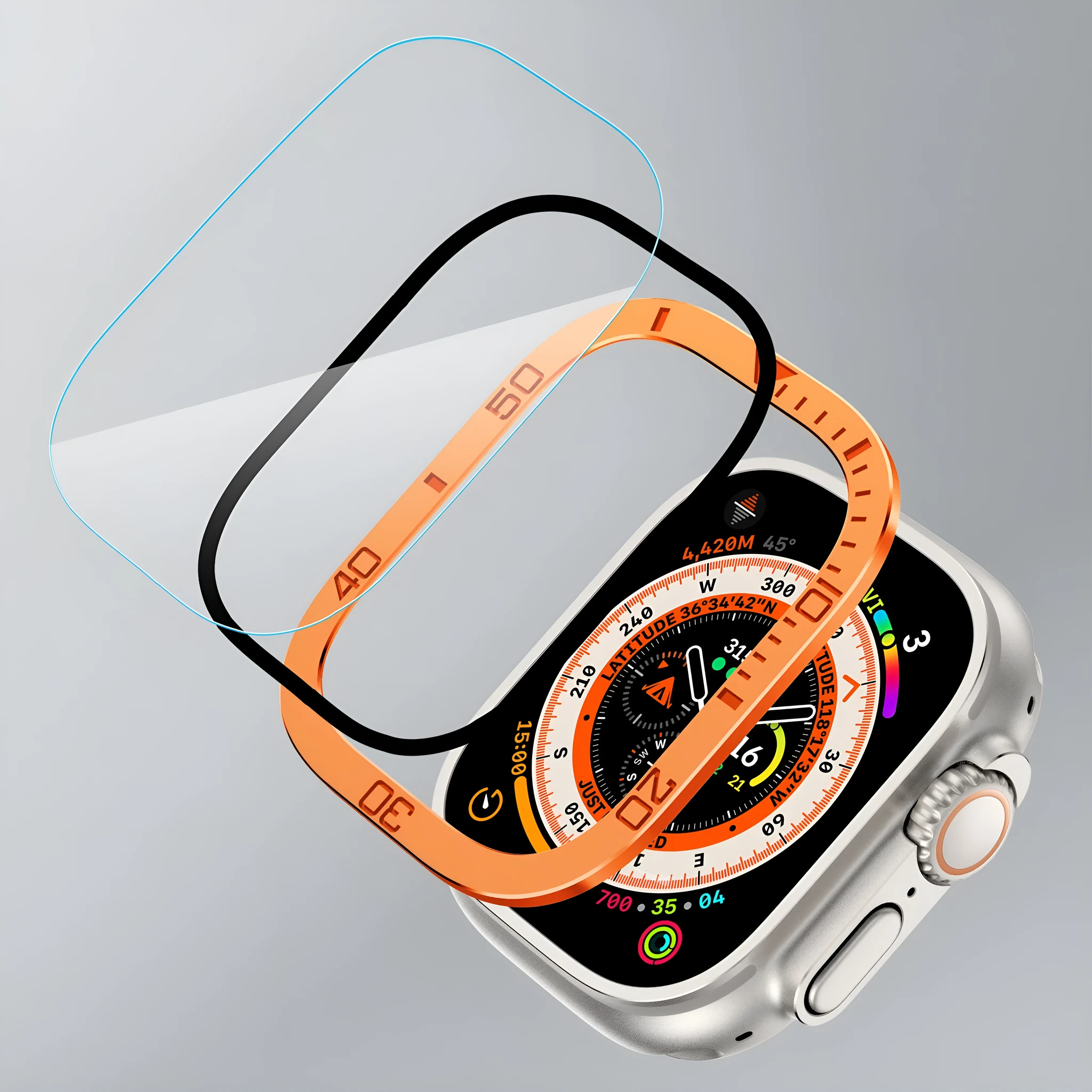 Metal protective frame for 49mm watch in black, orange, and original colour