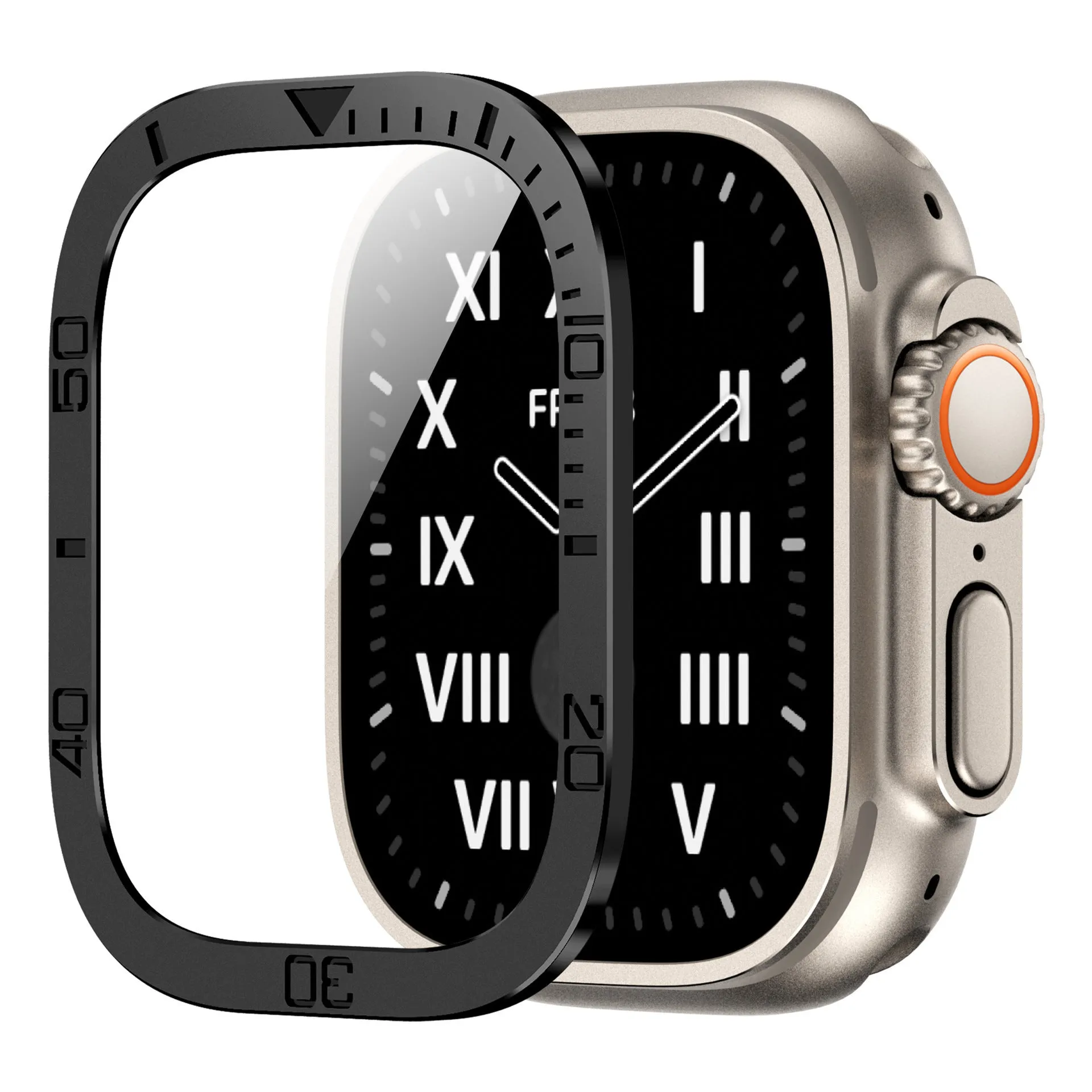 Metal protective frame for 49mm watch in black, orange, and original colour