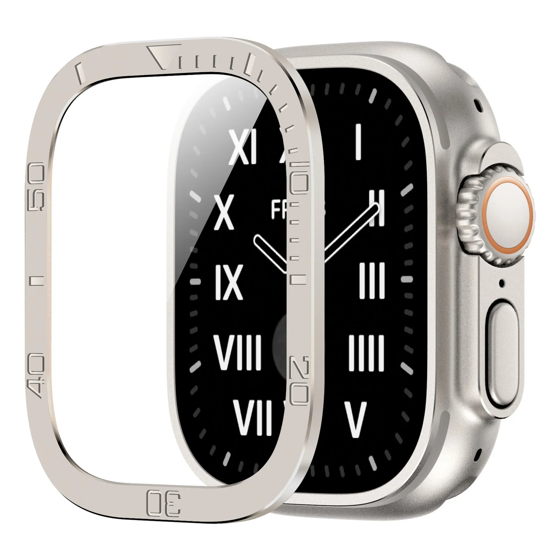 Metal protective frame for 49mm watch in black, orange, and original colour