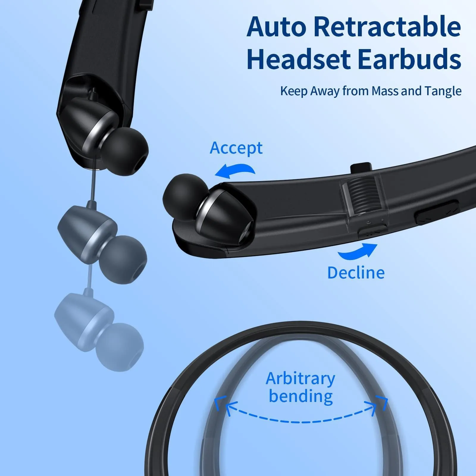 Wireless sport headphones in black and blue with hanging-neck design and digital display
