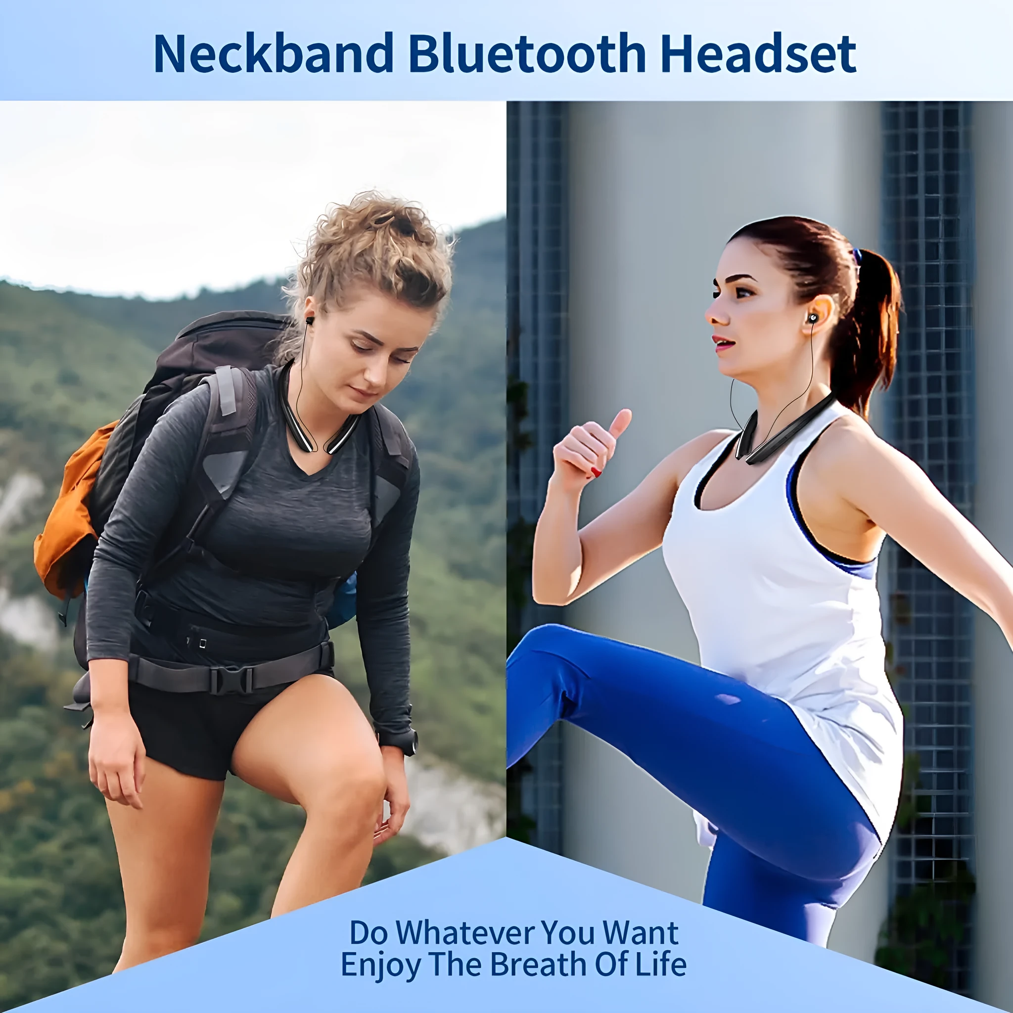 Wireless sport headphones in black and blue with hanging-neck design and digital display