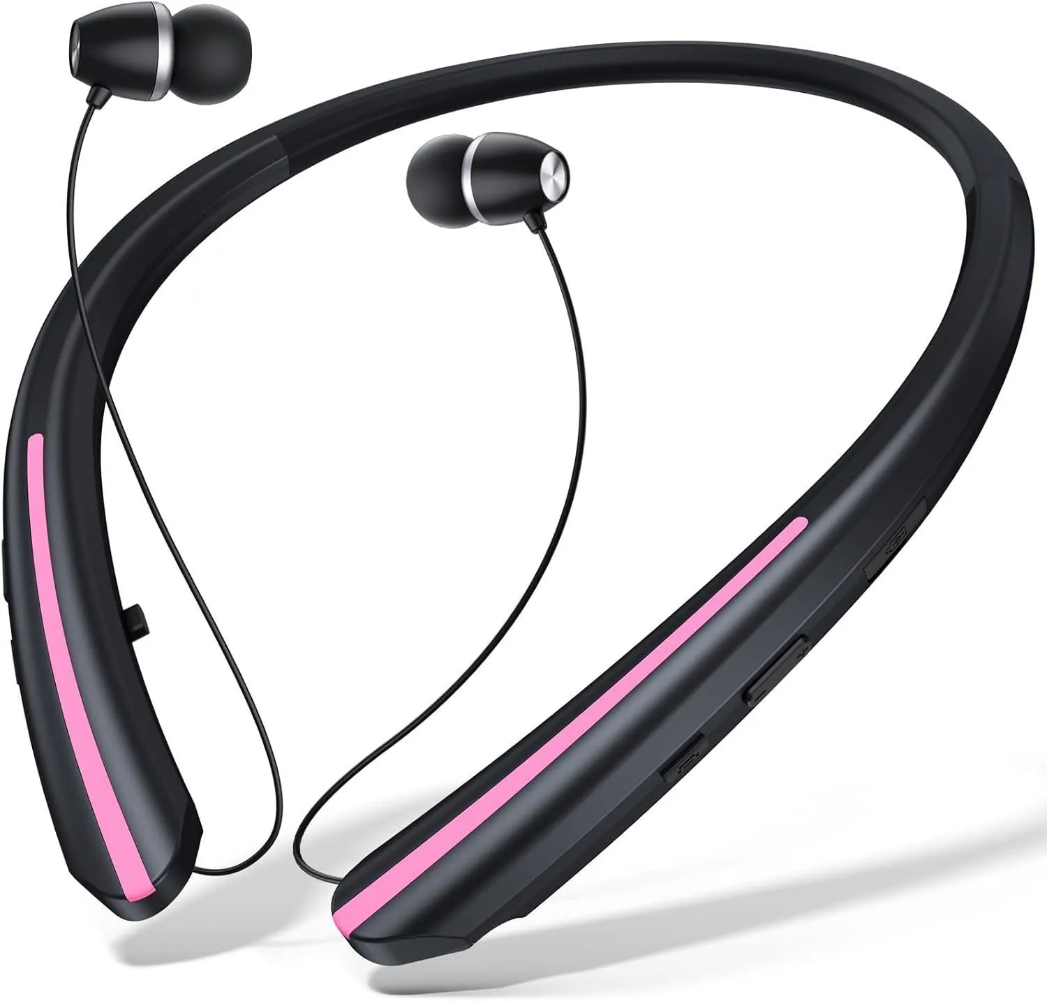 Wireless sport headphones in black and blue with hanging-neck design and digital display