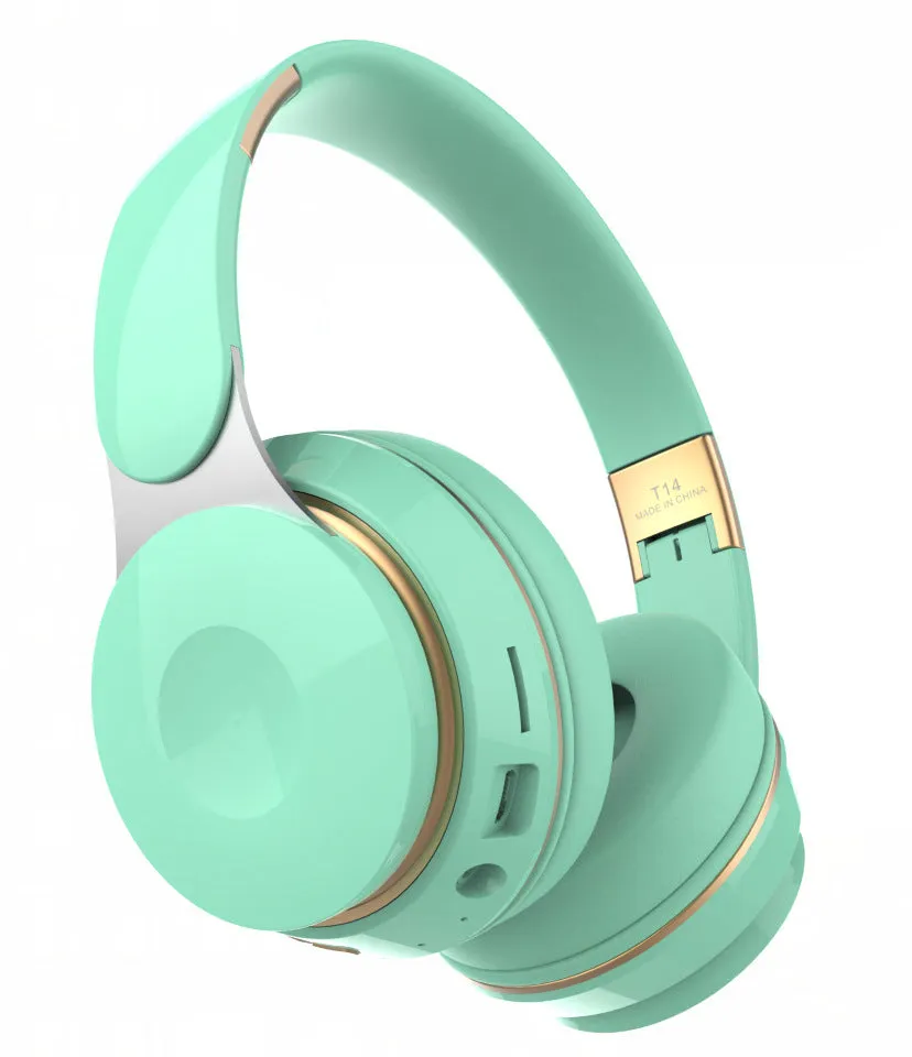 Foldable Bluetooth wireless headset earphones in multiple colours on a white background.