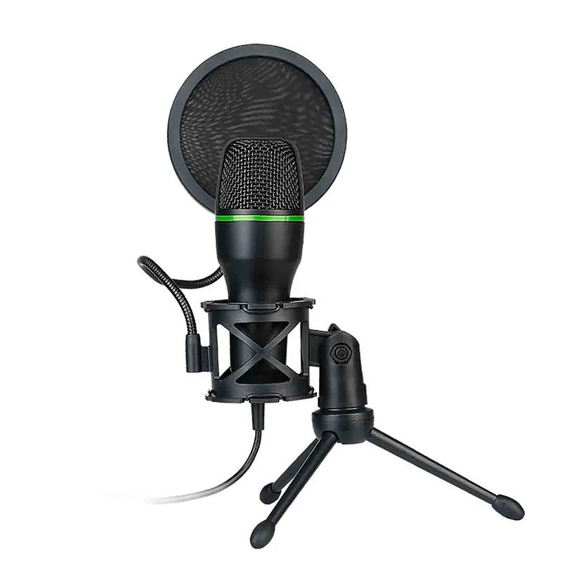 Black USB condenser microphone on tripod stand with anti-spray net for home computer writing