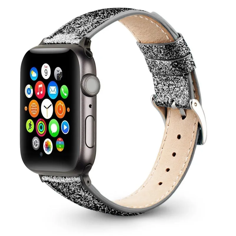 Leather glitter watch strap compatible with Apple Watch in flashing black, 38/40mm size