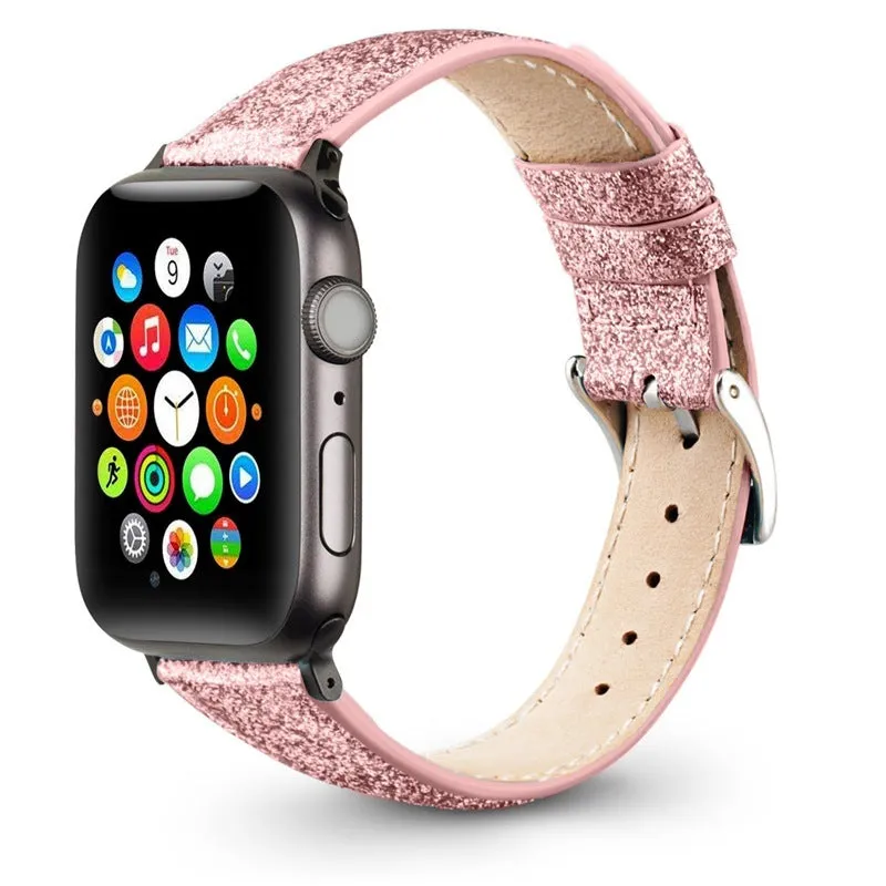 Leather glitter watch strap compatible with Apple Watch in flashing black, 38/40mm size