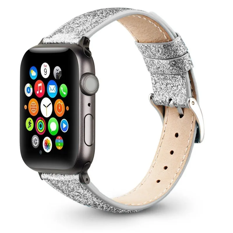 Leather glitter watch strap compatible with Apple Watch in flashing black, 38/40mm size