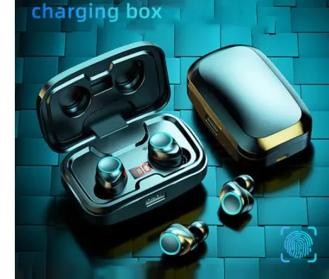 Black Bluetooth gaming headset with charging case showing earpieces and accessories