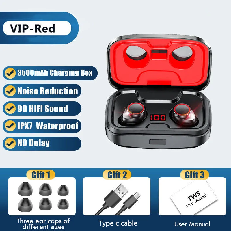 Black Bluetooth gaming headset with charging case showing earpieces and accessories