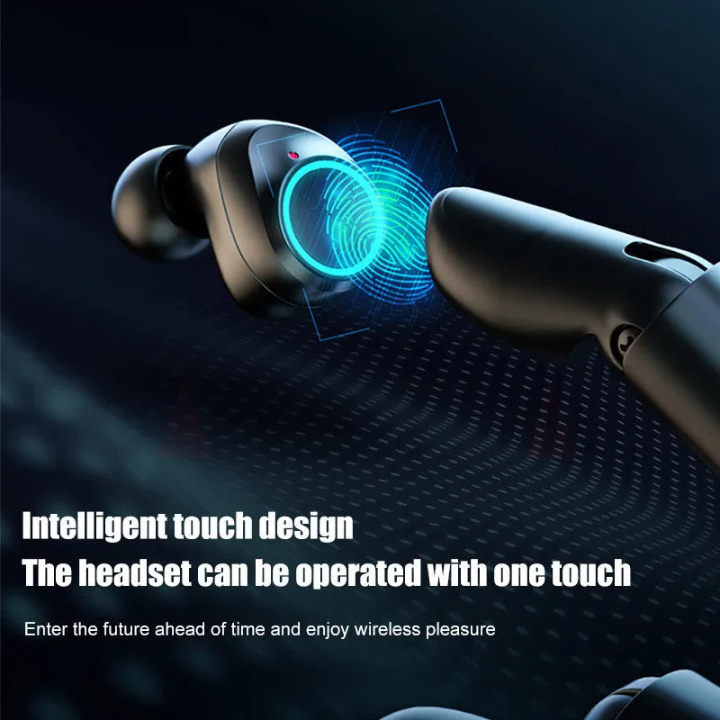 Black Bluetooth gaming headset with charging case showing earpieces and accessories