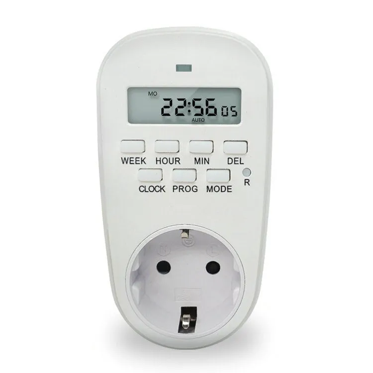 White digital timer timing programming socket with 7-day 20-group schedule, EU/UK/US plug options
