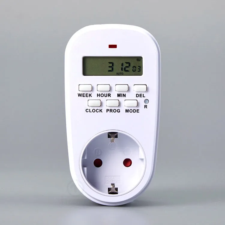 White digital timer timing programming socket with 7-day 20-group schedule, EU/UK/US plug options