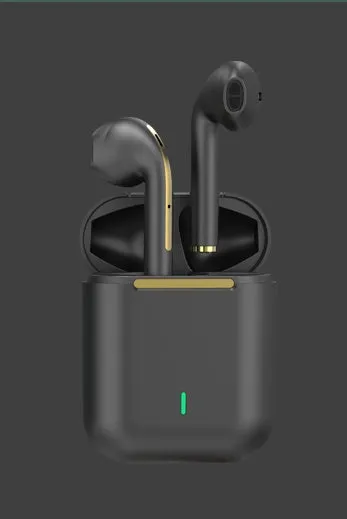 J18 Bluetooth headset with earphones and charging case in black