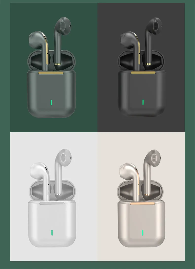 J18 Bluetooth headset with earphones and charging case in black