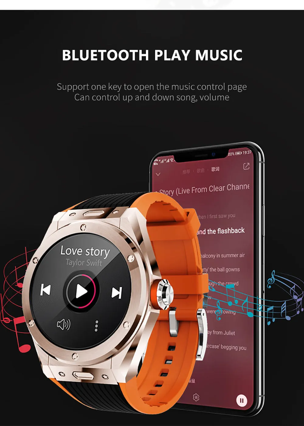 MV58 black sports smart watch with silicone strap on a wrist, showing heart rate monitoring display.