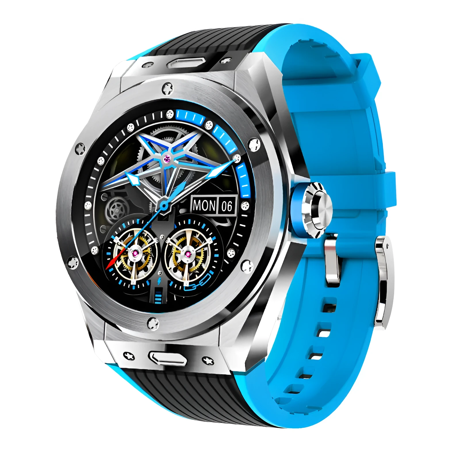 MV58 black sports smart watch with silicone strap on a wrist, showing heart rate monitoring display.