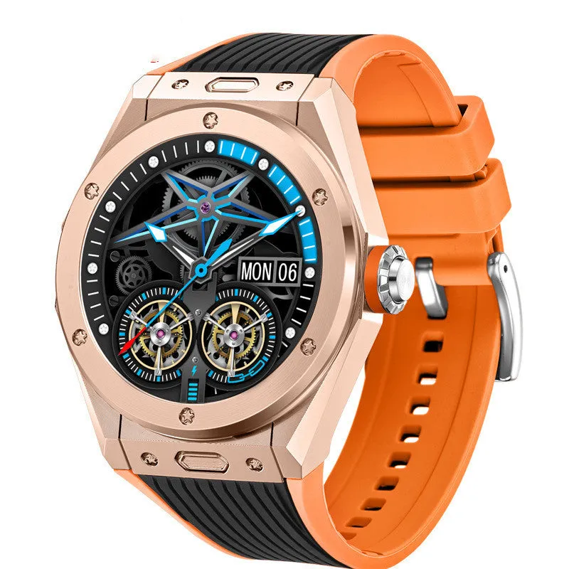MV58 black sports smart watch with silicone strap on a wrist, showing heart rate monitoring display.