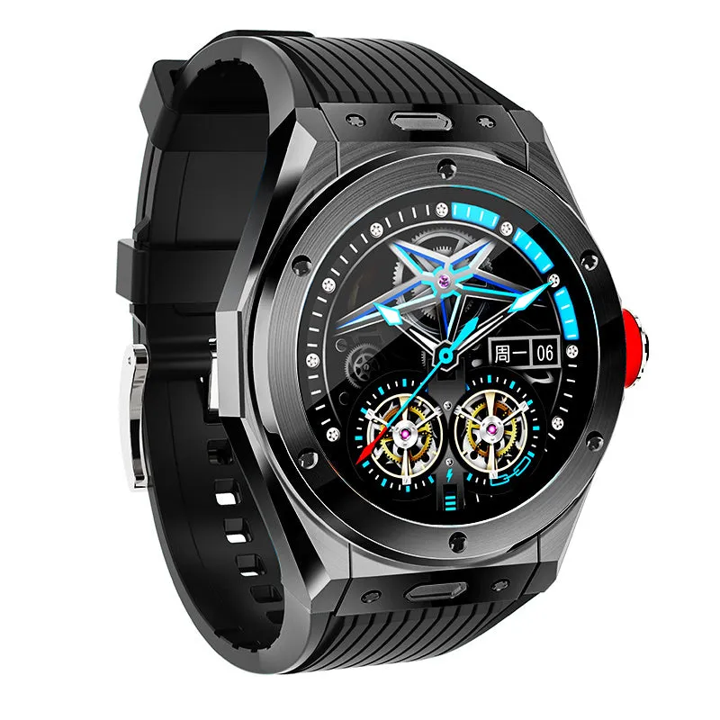 MV58 black sports smart watch with silicone strap on a wrist, showing heart rate monitoring display.