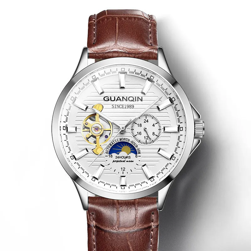 Men's automatic skeleton mechanical watch with 42mm dial, sapphire crystal glass, and genuine leather strap on a white background